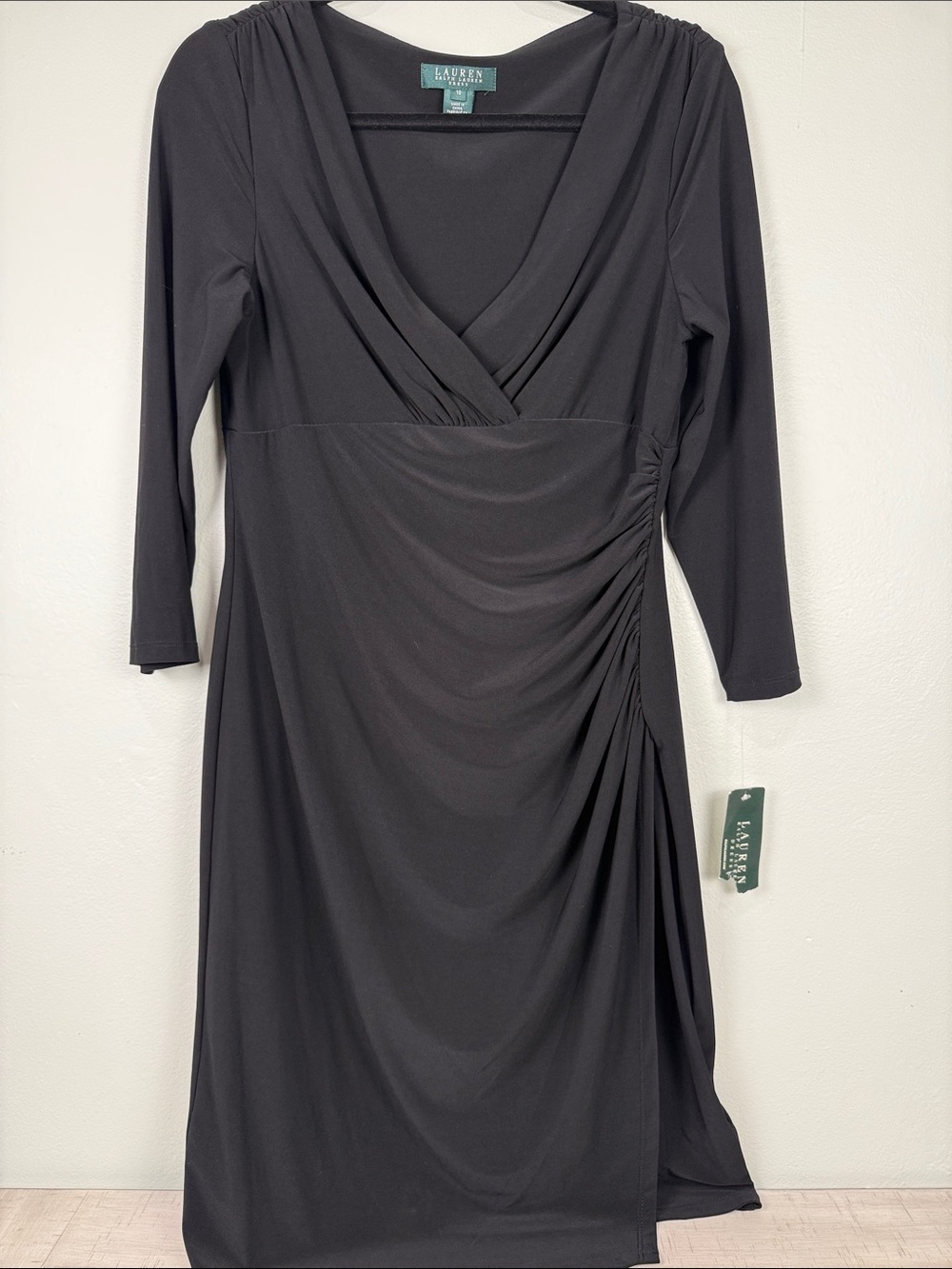 🍸Lauren Ralph Lauren Ruched Faux Wrap Jersey Dress Size 10 NWT